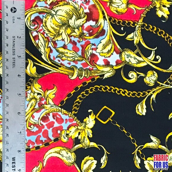 Paisley Floral Renaissance Stretch Poly-Spandex Fabric in Blue and Red 58"/60" W - Picture 6 of 7